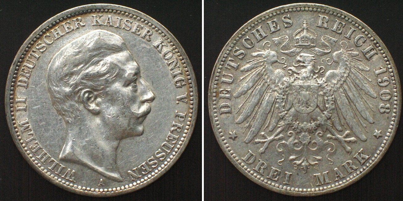Tutti le monete: PREUSSEN 3 Mark 1908 A, WILHELM II. Silber vz – Usato da Riehen venduto da sesambestcoins2004