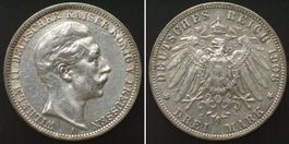 PREUSSEN 3 Mark 1908 A, WILHELM II. Silber vz