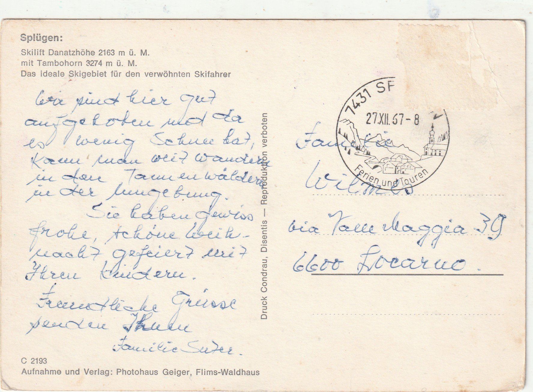 Cartoline postali: Splügenn Skibetrieb um 1967 – Usato da Lumbrein venduto da made02 1