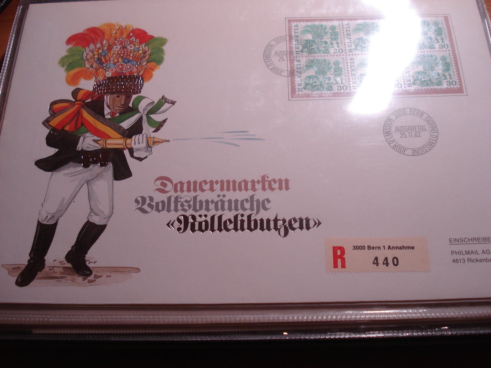 Alle Briefmarken: FDC Grossbrief 1982, 6erblock "Röllelibutzer" Volksbräuche – Gebraucht aus Niederwil AG von morostahu