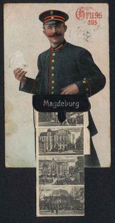 Cartoline postali: Leporello-AK Magdeburg, Briefträger mit – Usato da Berlin venduto da bartko-reher