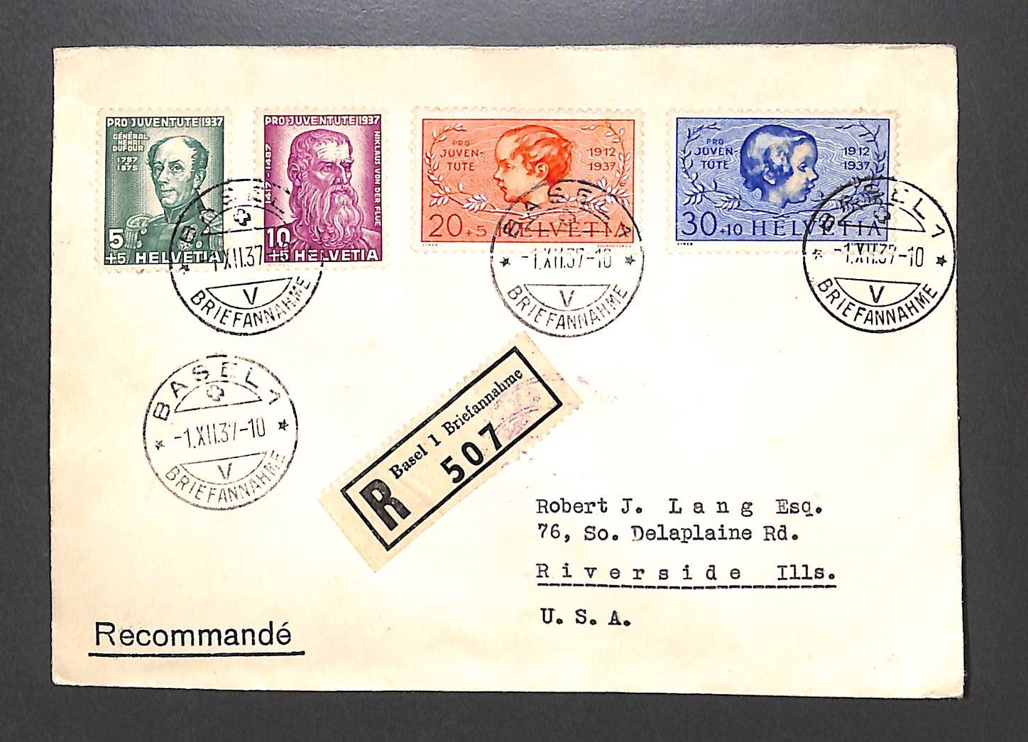 Tutti i francobolli: 1937 FDC Pro Juventute Ersttagsbrief Einschreiben BASEL – Usato da Zürich venduto da Nobs1
