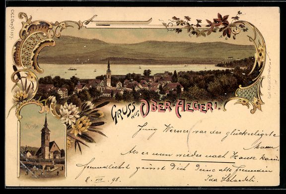 Cartoline postali: Litho Ober-Aegeri, Kirche und Gesamtansi – Usato da Berlin venduto da bartko-reher