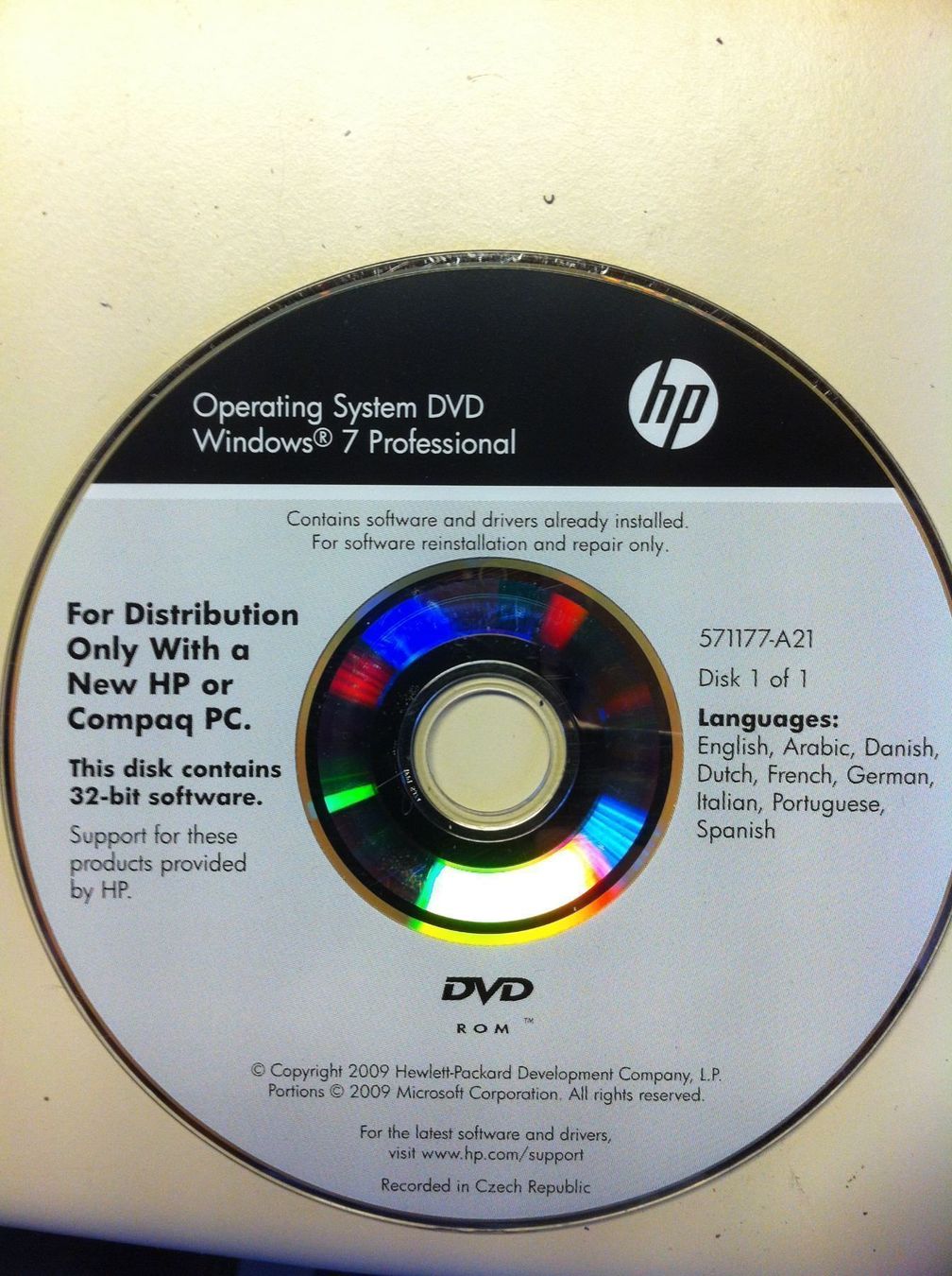 Microsoft Software: HP  Windows 7 Pro DVD 32Bits – Usato da Ecublens VD venduto da Netfinity