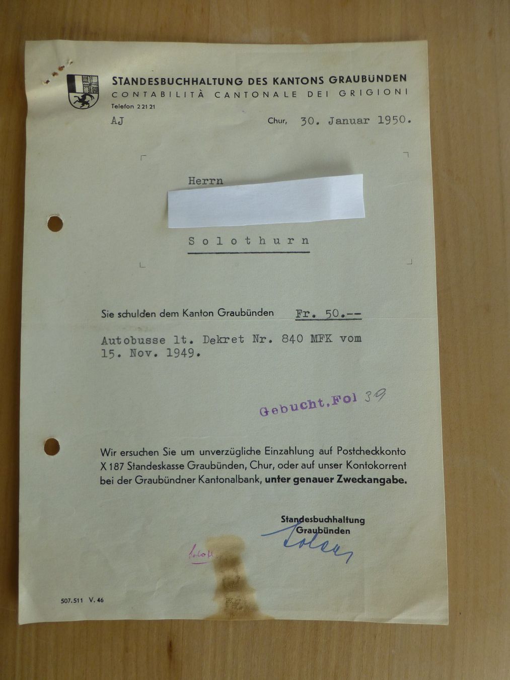Documenti: Chur, Standesbuchhaltung, 1950 – Usato da Bettlach venduto da 1saurer