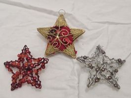 3 Deko Sterne Weihnachtsdeko Perlen Metall Rot Silber Gold