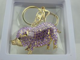 Schlüsselanhänger - SCHWEIN - mit violetten Glitzersteinen