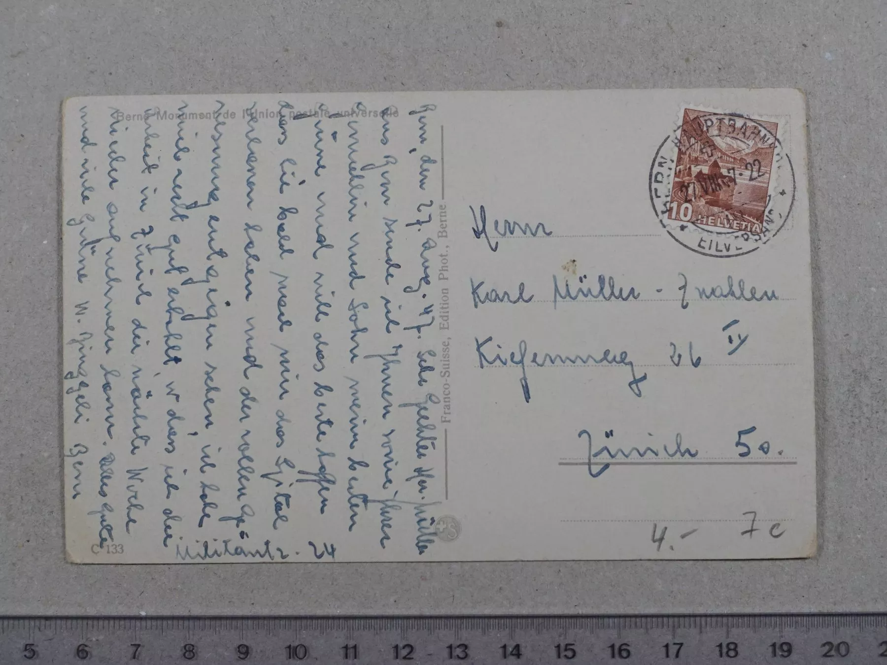 Cartoline postali: Bern, Weltpostdenkmal, 1947 – Usato da Lenzburg venduto da fh1 1