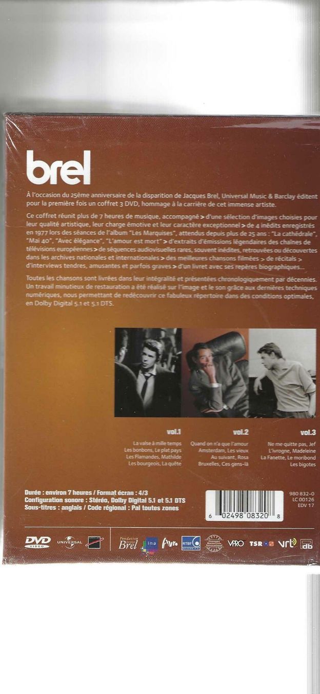 Tutti i DVDs: DVD - Jacques Brel Coffret 3 X DVD - Neue – Nuovo e nell'imballaggio originale da Genève venduto da CDLPBookS 1
