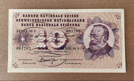 10 Franken Note 1974 ungefaltet 