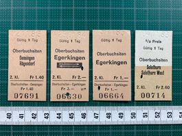 Ab Oberbuchsiten, 4 alte Bahn Billette, 1983 / 1984, SBB