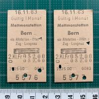 Mettmenstetten - Bern, 2 alte Edmonsonsche Bahn Billette SBB