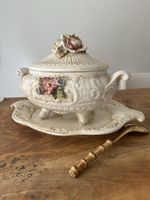 Superbe soupière vintage en céramique avec fleurs et plateau