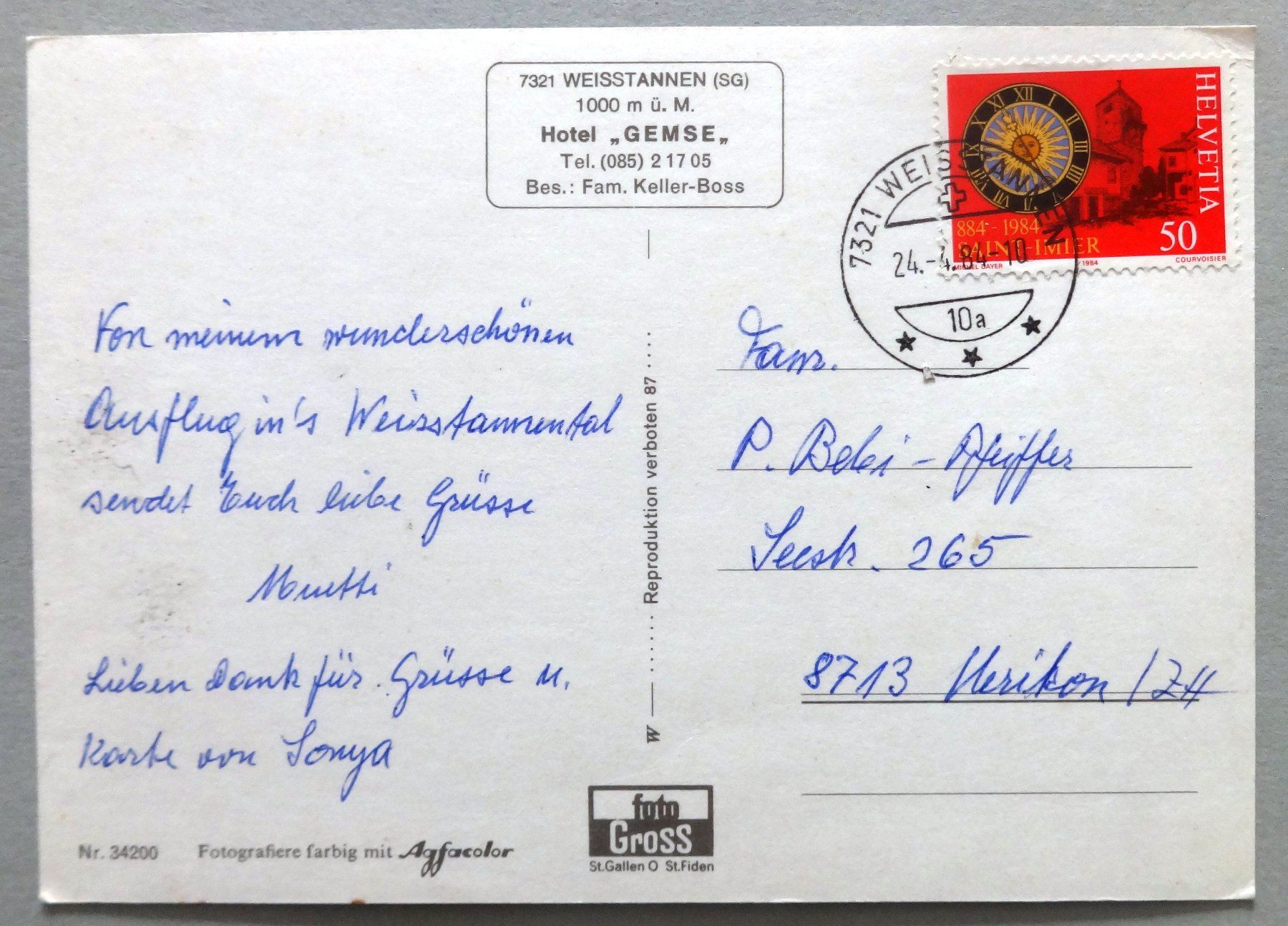 Cartoline postali: Weisstannen (SG), Hotel "Gemse" – Usato da Fétigny venduto da Billy2miny 1