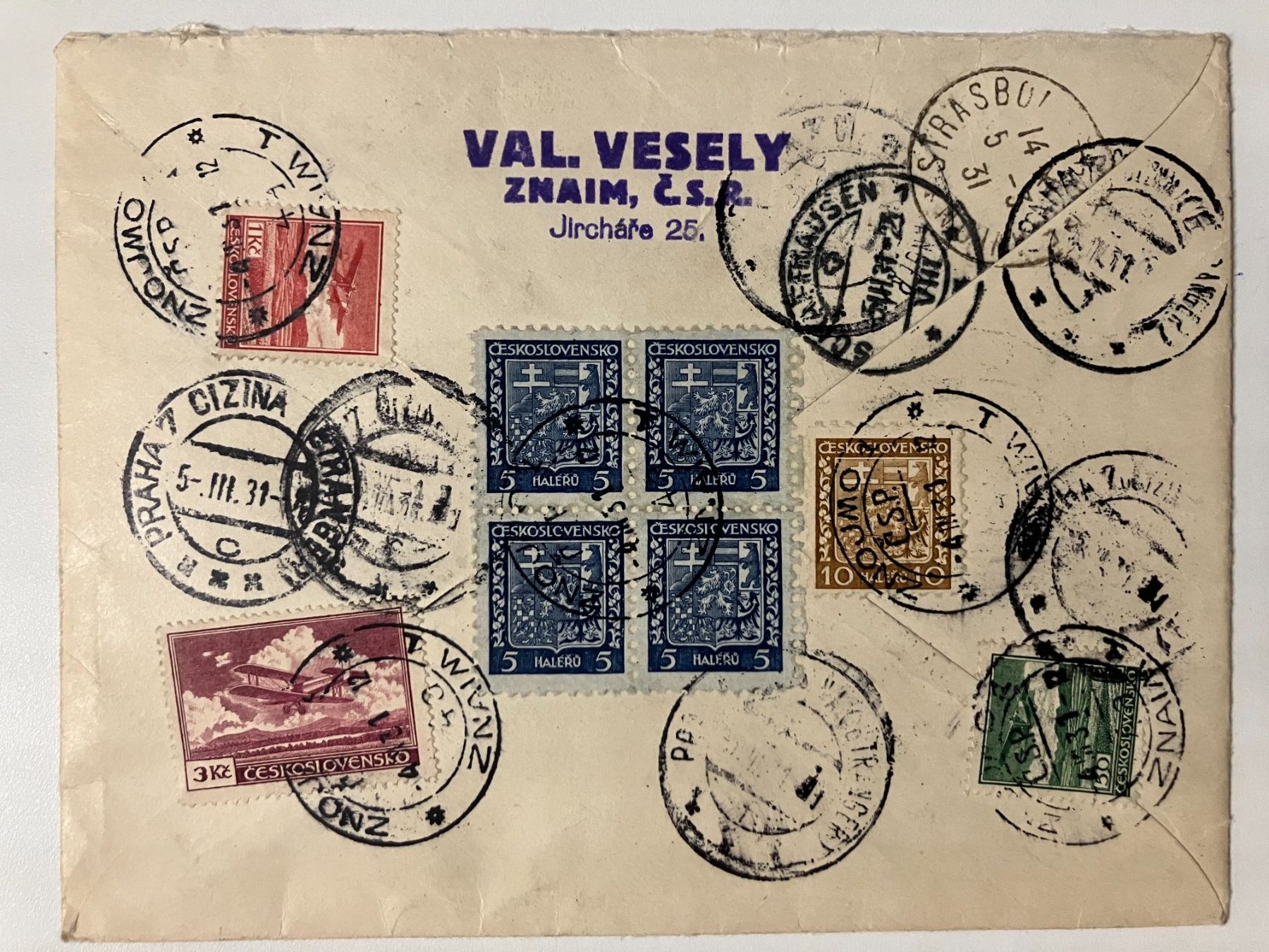 Tutti i francobolli: Tschechoslowakei 1931, R-Brief m. diversen Transit-Stempel – Usato da Würenlos venduto da Eulenpostuhu 1