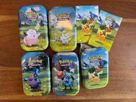 Pokemon Tins 5er Set LEER nur Karte & Aufkleber enthalten !
