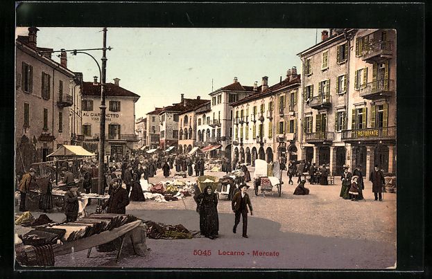 Cartoline postali: Locarno, Mercato mit geschäftigem Treib – Usato da Berlin venduto da bartko-reher