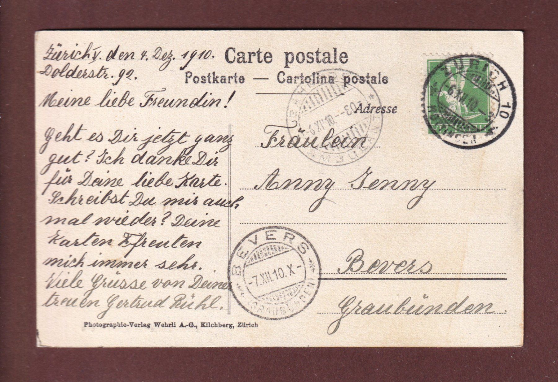 Cartoline postali: ZÜRICH - Kreuzkirche - 1910 – Usato da Pully venduto da nicecards 1