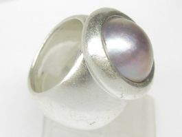 Vintage breiter massiv Ring Silber 925 Perlmutt Kugel Gr. 52