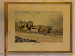 Antike Pferdekutsche-Lithographie, gerahmtes Kunstwerk