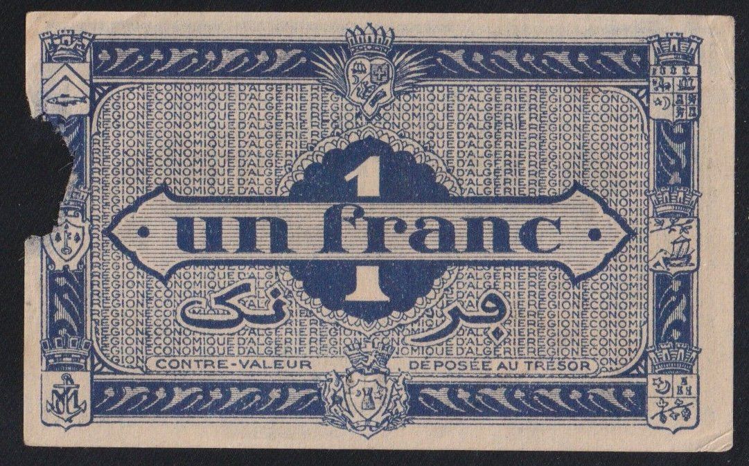 Billets de banque: Algerien 1 Franc 1944 – Défectueux à Brugg AG par banknoten_muesli 1
