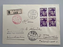 1935 Winteralpenpost Julier  Eings. Brief PJ 70 im 4erBlock