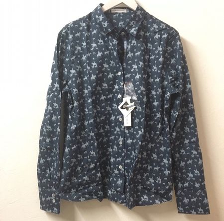 B.M.-Company Bluse mit Pferd Reiter Hund grau auf blau Gr 44