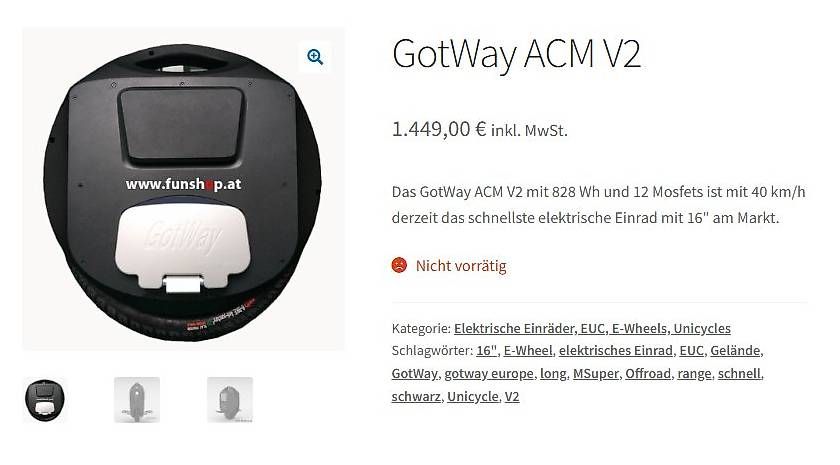 Hoverboard: Monowheel Elektroeinrad GotWay ACM V2 – Usato da Adliswil venduto da DieterVanHohlsing