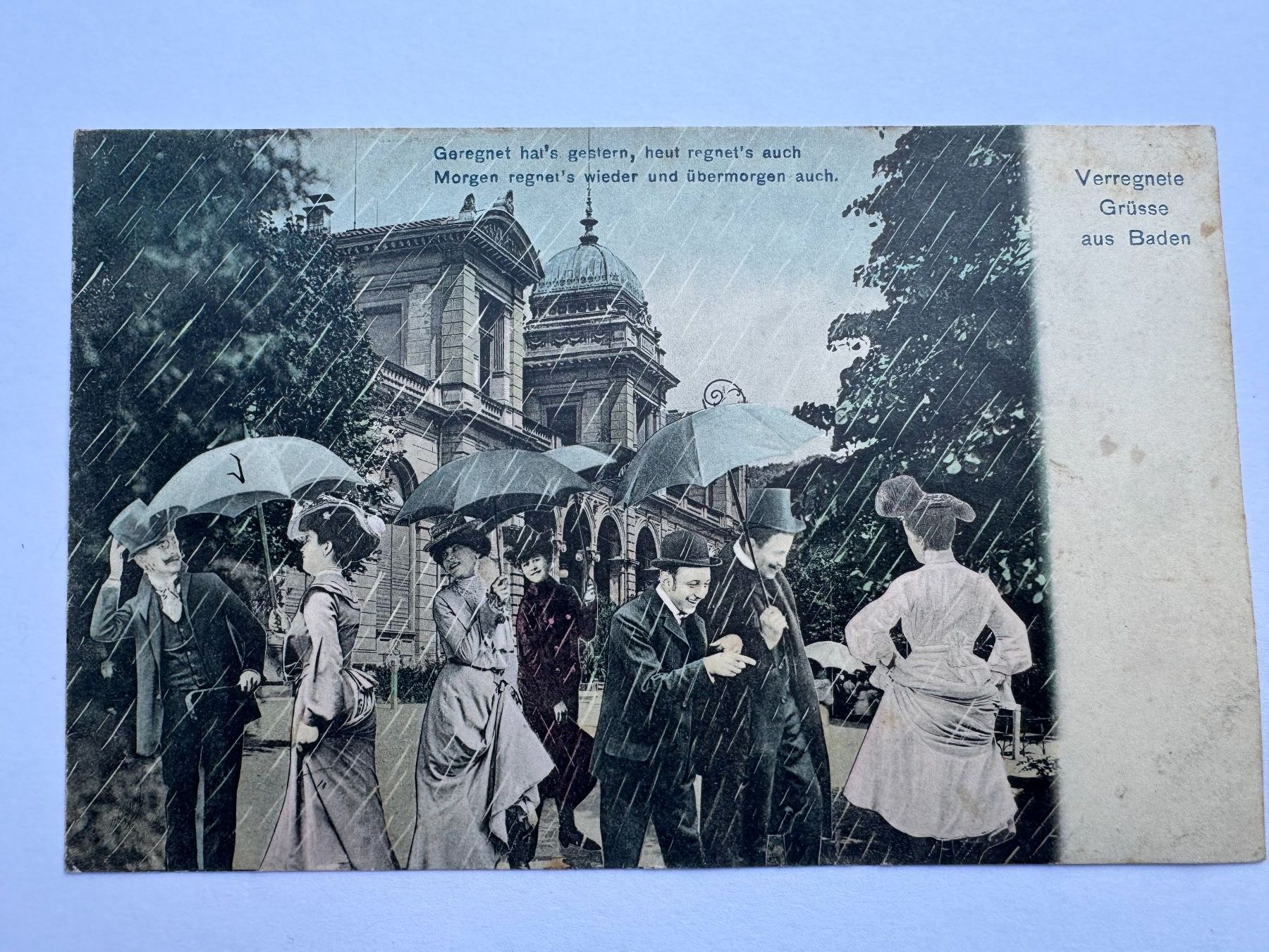 Cartoline postali: BADEN - Verregnete Grüsse Kurpark 1905 - Ansichtskarte – Usato da Tegerfelden venduto da siebenmacky