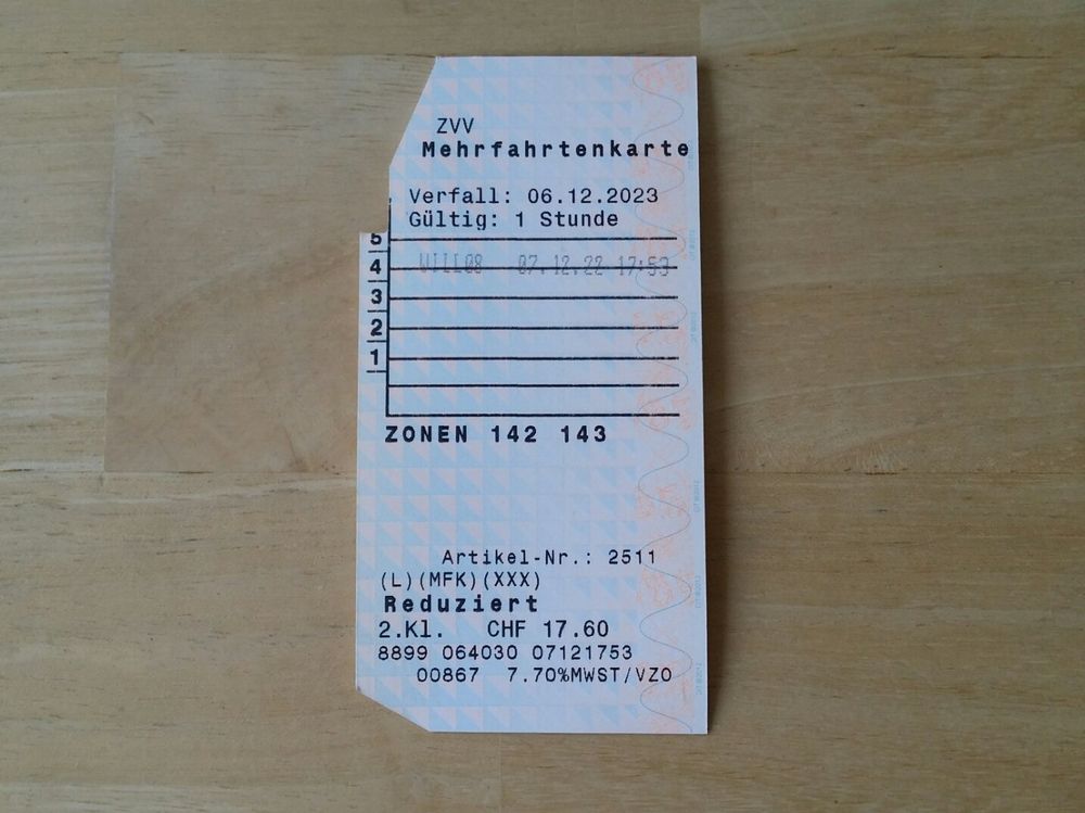 Zürcher Verkehrsverbund ZVV Mehrfahrtenkarte Zonen 142 143 (Gebraucht ...