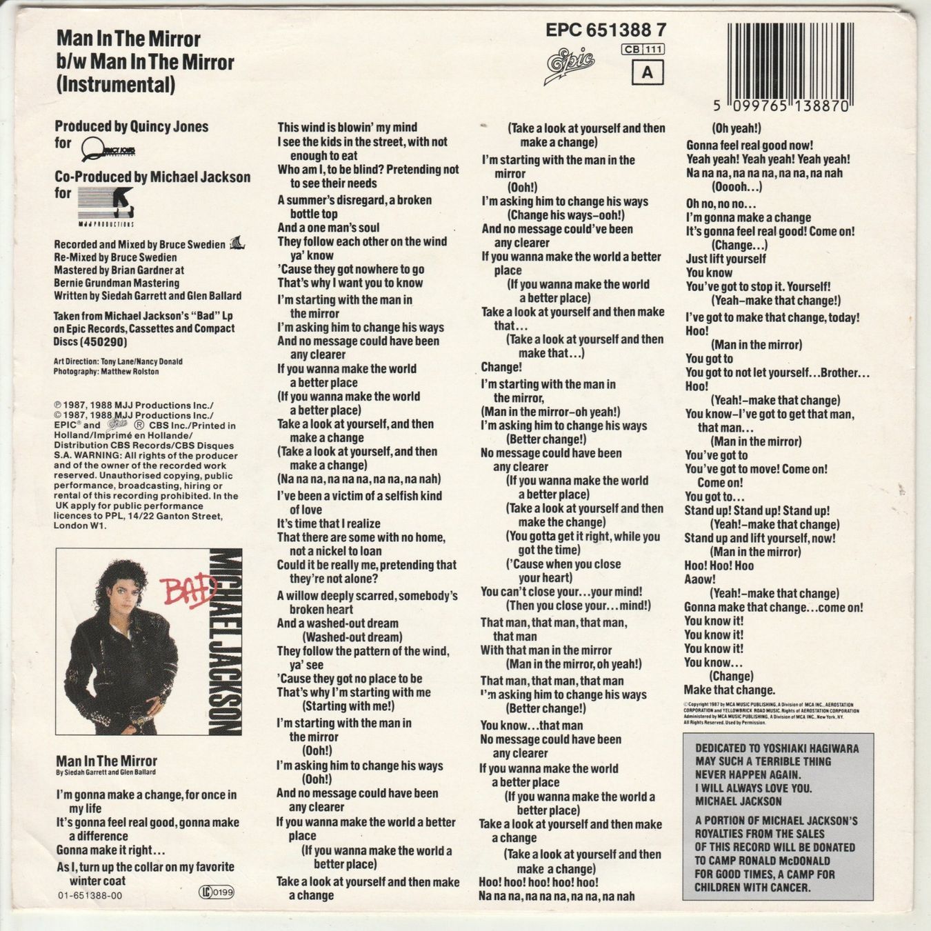 Dischi in vinile: Michael Jackson - Man in the Mirror 7" Vinyl 1987 – Usato da Tübach venduto da JamesStone 1
