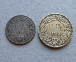 ++ 1.- und 2.- Franken 1860,  gute Erhaltungen