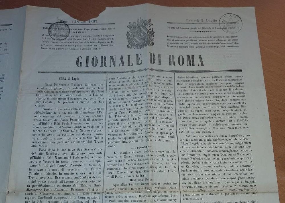 1867 Kirchenstaates Offizielle Zeitung per Post versandt (Gebraucht) in ...