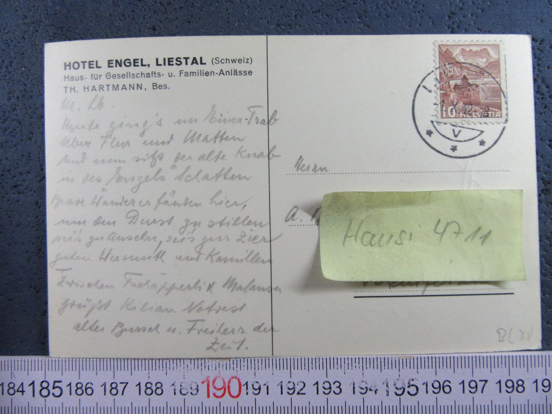 Cartoline postali: LIESTAL BL AK HOTEL ENGEL 1942 MARKER – Usato da Ettingen venduto da Hausi4711 3
