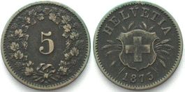 Schweiz EIDGENOSSENSCHAFT 5 Rappen 1873 Billon ERHALTUNG vz