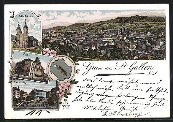 Cartes postales: Litho St. Gallen, Theaterplatz, Post, Ca – D'occasion à Berlin par bartko-reher