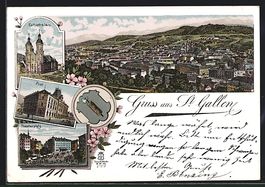 Litho St. Gallen, Theaterplatz, Post, Ca