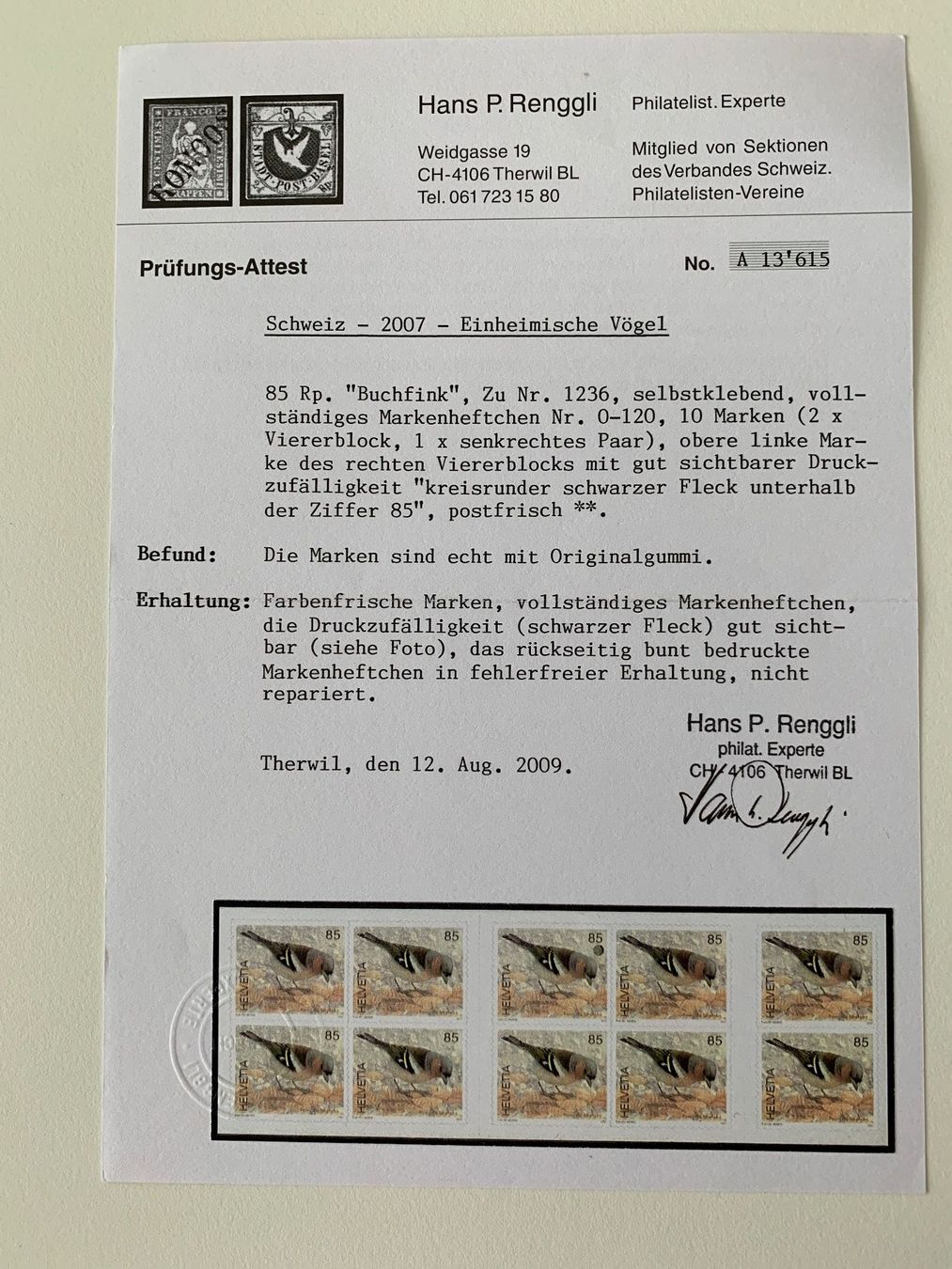 Tutti i francobolli: 2007 Einheimische Vögel "Buchfink" Markenheft, Abart – Usato da Willisau venduto da Repfuesch 1