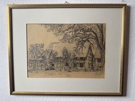 Fachwerk-Bauernhaus unter mächtigem Baum – Kohlezeichnung