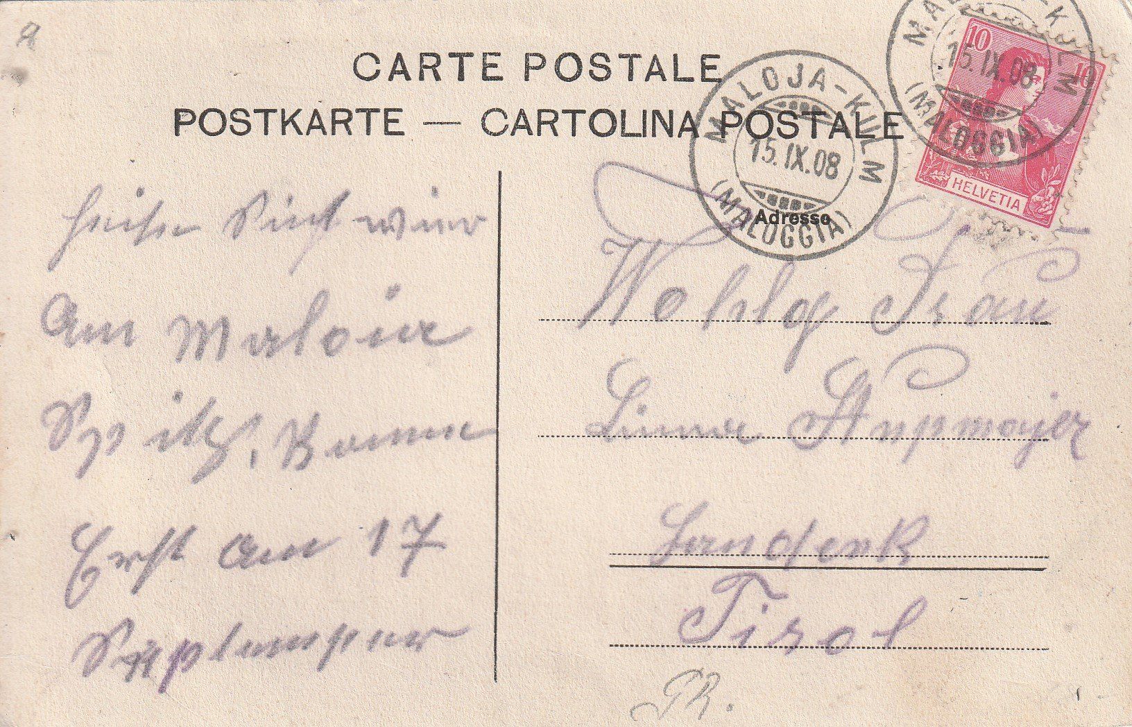 Ansichtskarten: Maloja - Hotel Vecchia-Postkutsche-1908 – Gebraucht aus uttwil von Koehlerfred 1