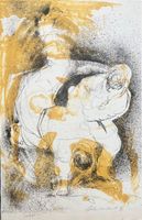 2 JUDOKÄMPFER LITHOGRAPHIE KÜNSTLER ? UNLESERLICH SIGNIERT