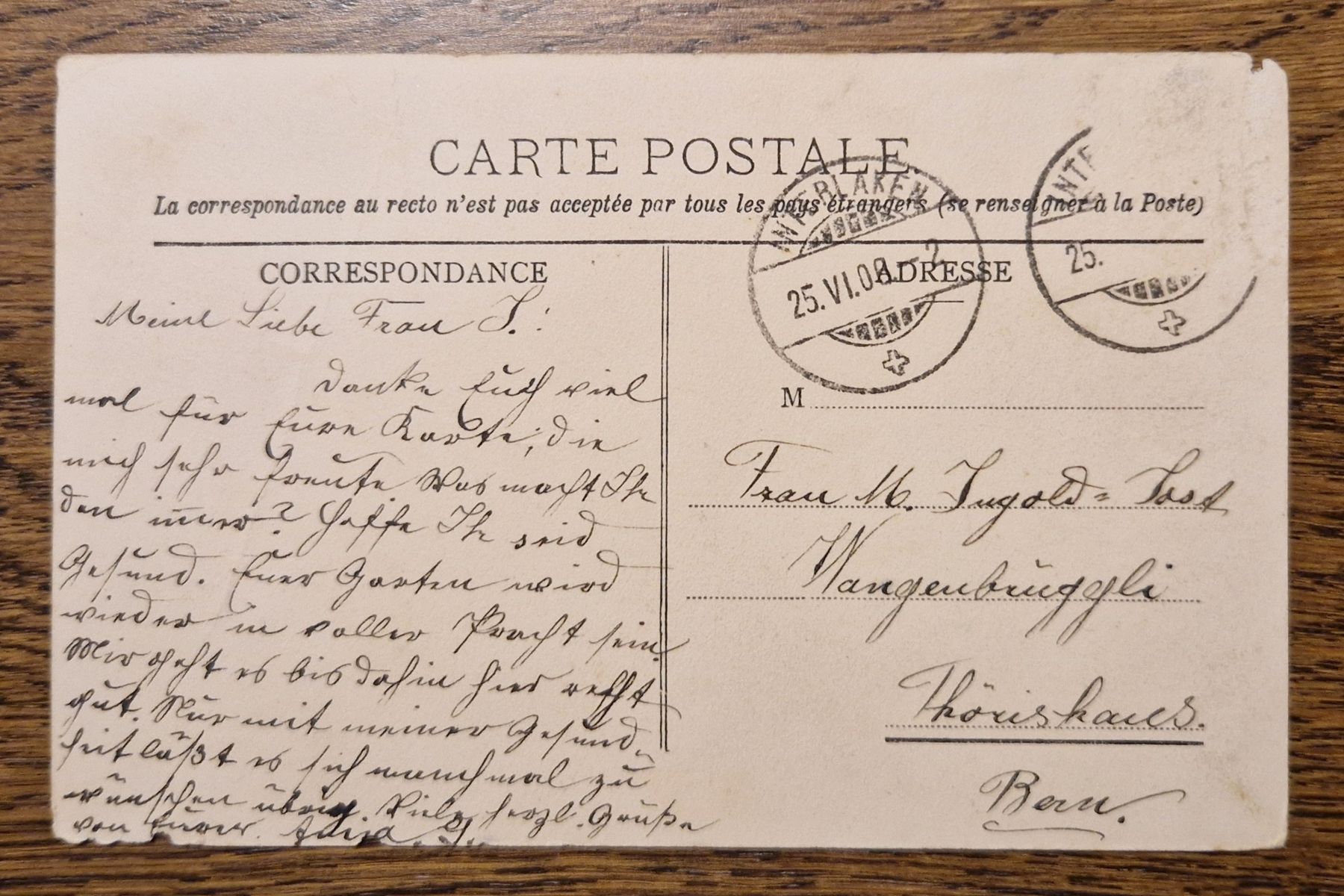 Ansichtskarten: Interlaken, Chaussures 1908, Kastenstempel, n. Bern – Gebraucht aus Ebikon von Donar50 2