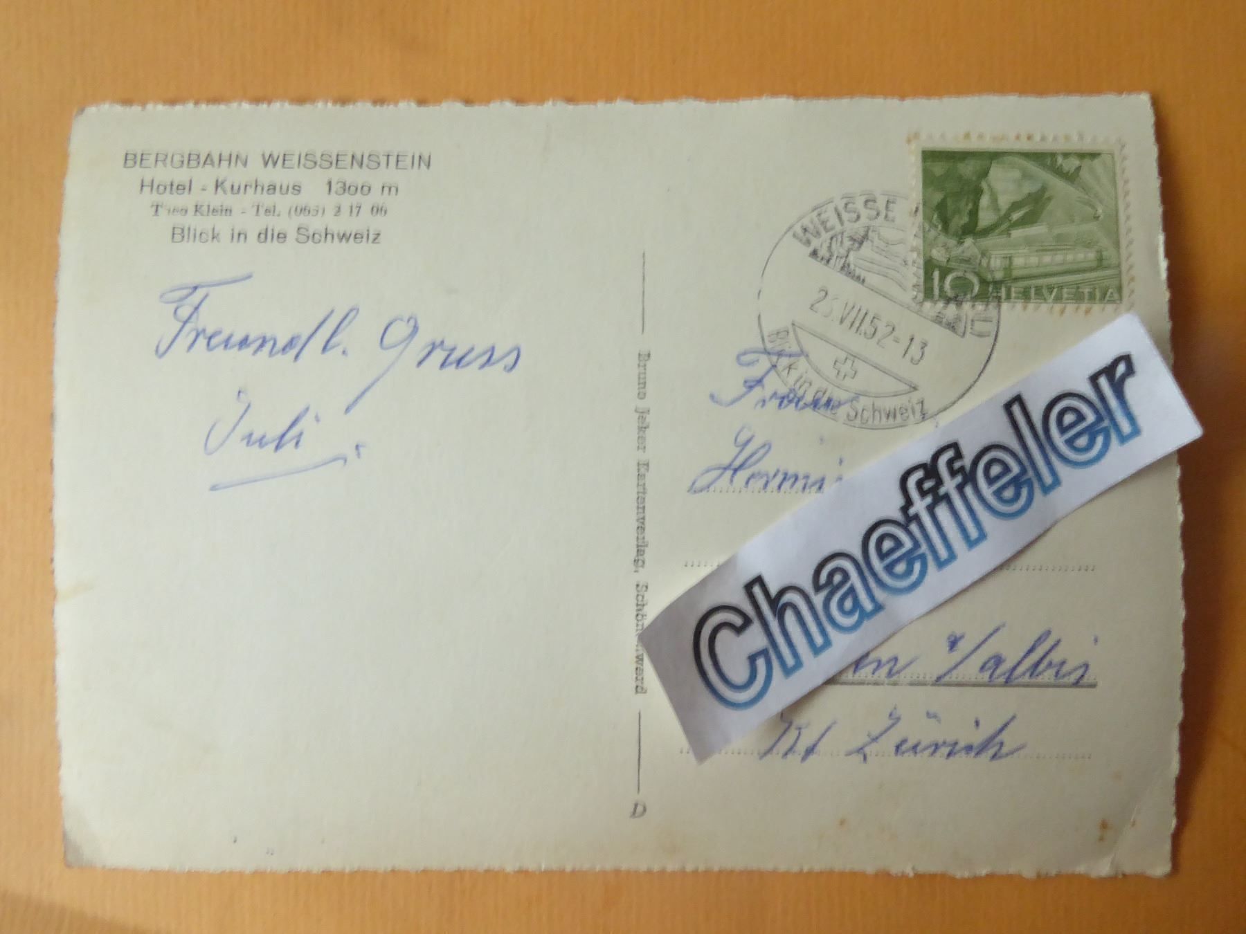 Ansichtskarten: 1952  Bergbahn Weissenstein, Hotel - Kurhaus – Neu (gemäss Beschreibung) aus Zürich von Chaeffeler 1