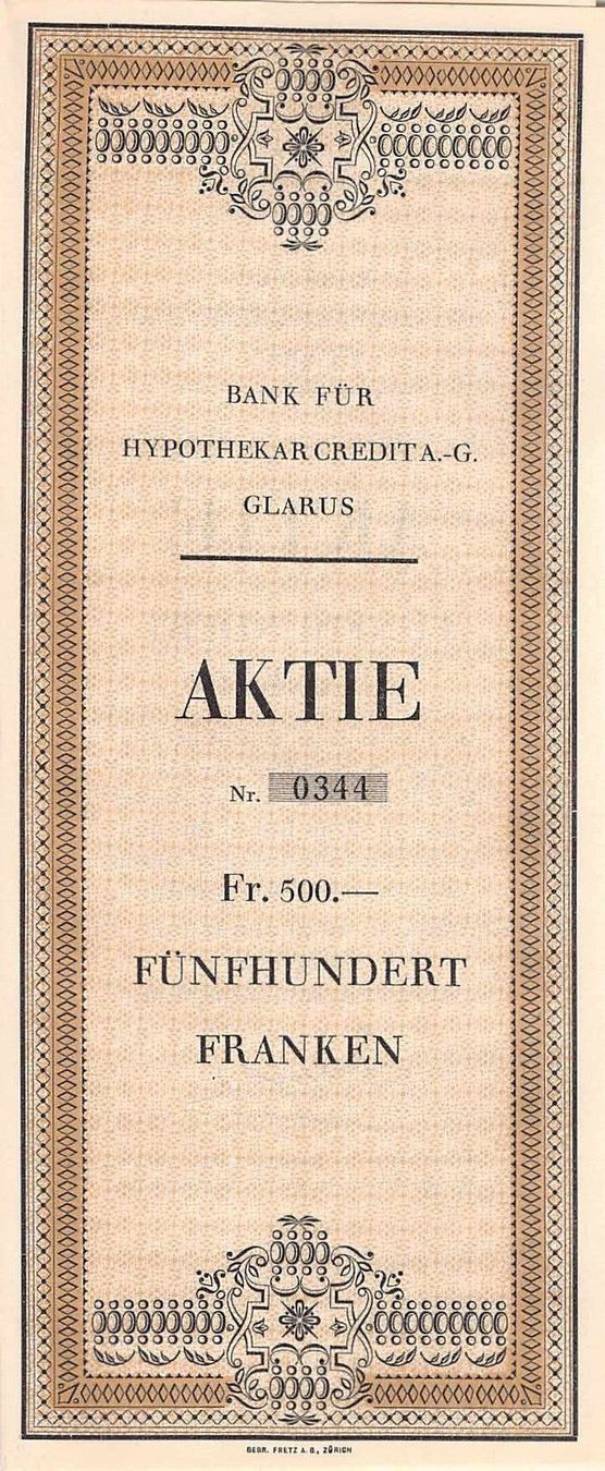 Banconote: Aktie HYPOBANK GLARUS 500.-- NONVALEUR, ab 1.-- – Usato da Winterthur venduto da SchatzchischtliWinti