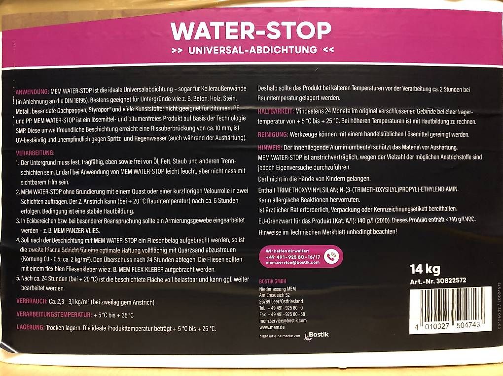 Sanitari: MEM - Water Stop Universalabdichtung 14kg – Usato da Uerikon venduto da rol_g8td 1