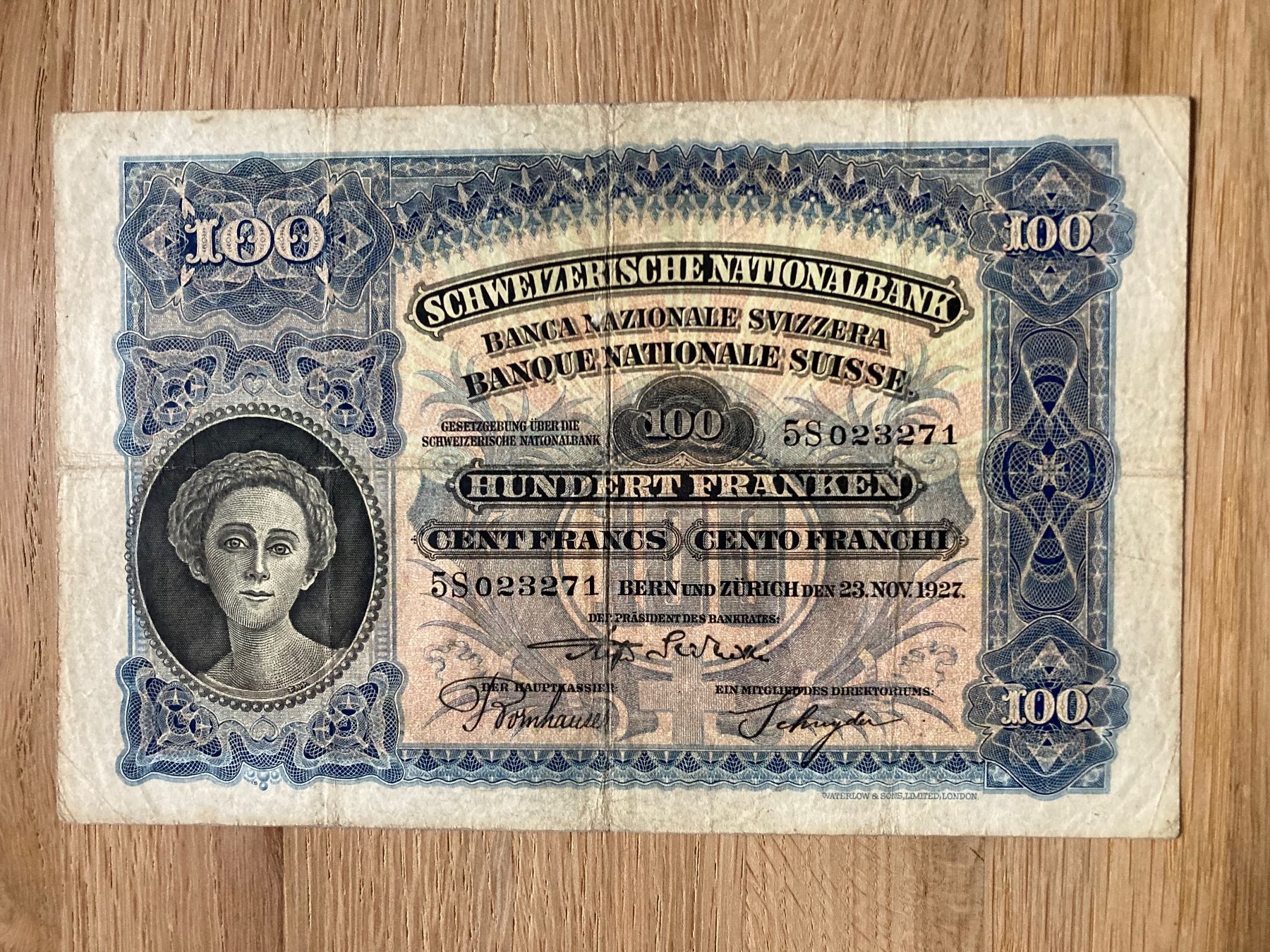 Schweiz 100 Franken Banknote von 1927 ( Nov ) gefalten (Gebraucht) in