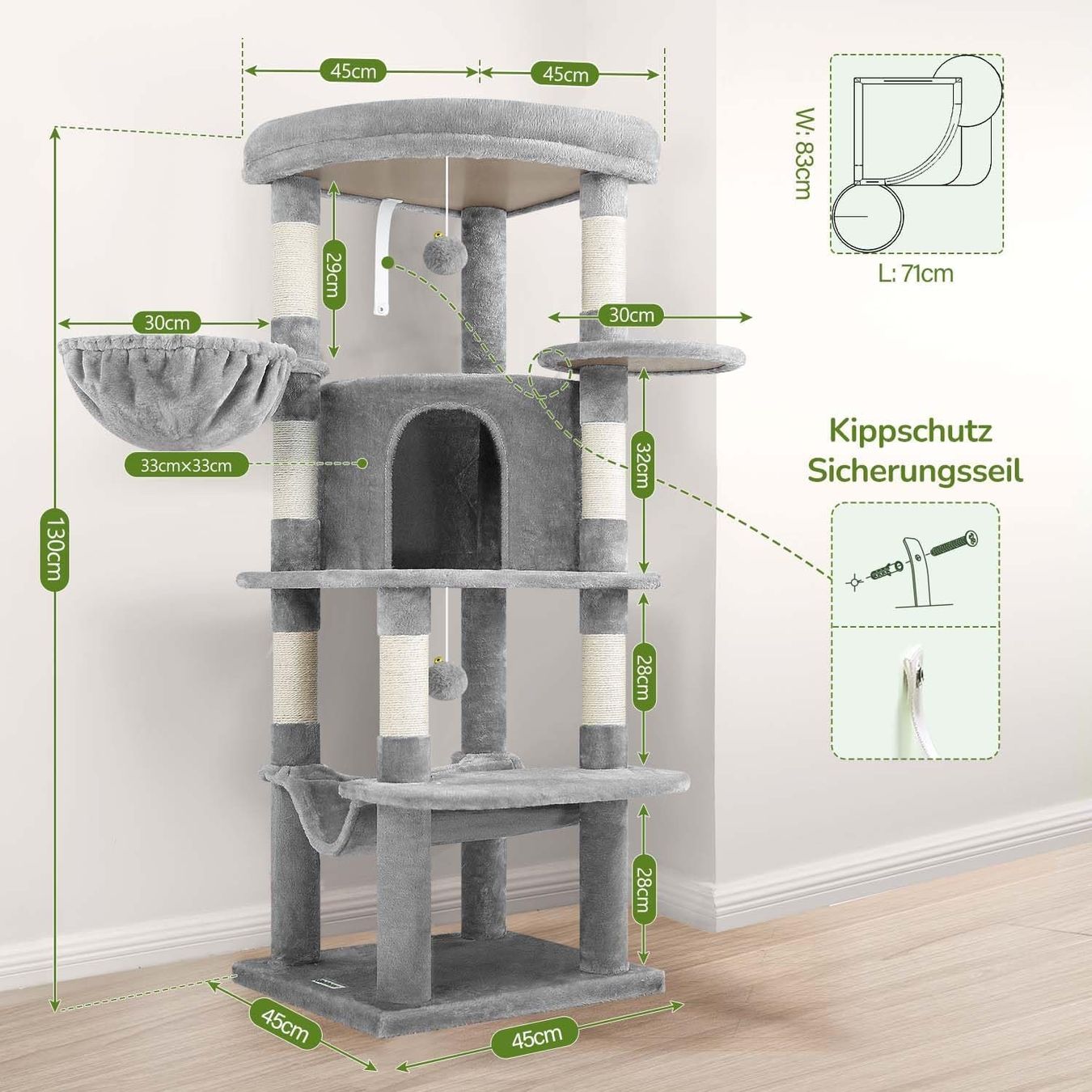 Tiragraffi: Katze Katzenbaum Kratzbaum Kletterbaum Katzenturm 130cm Grau – Nuovo e nell'imballaggio originale da Wittenbach venduto da VELARO 2
