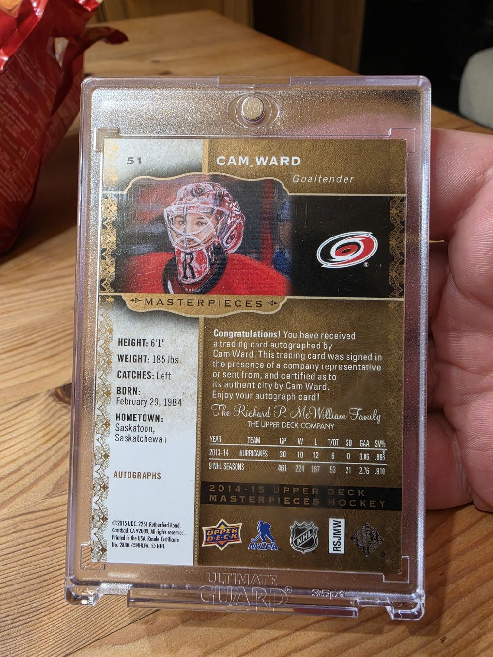 NHL Sammelbilder & Trading cards:  Cam Ward- Upper Deck Masterpieces Autograph-2014/15 – Neu (gemäss Beschreibung) aus Boltigen von Calagero 1