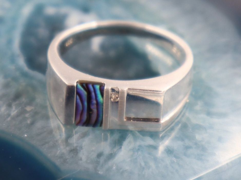 Anelli: Silber Signet Ring mit Abalone Muschel und Diamant – Usato da Basel venduto da Castio 2