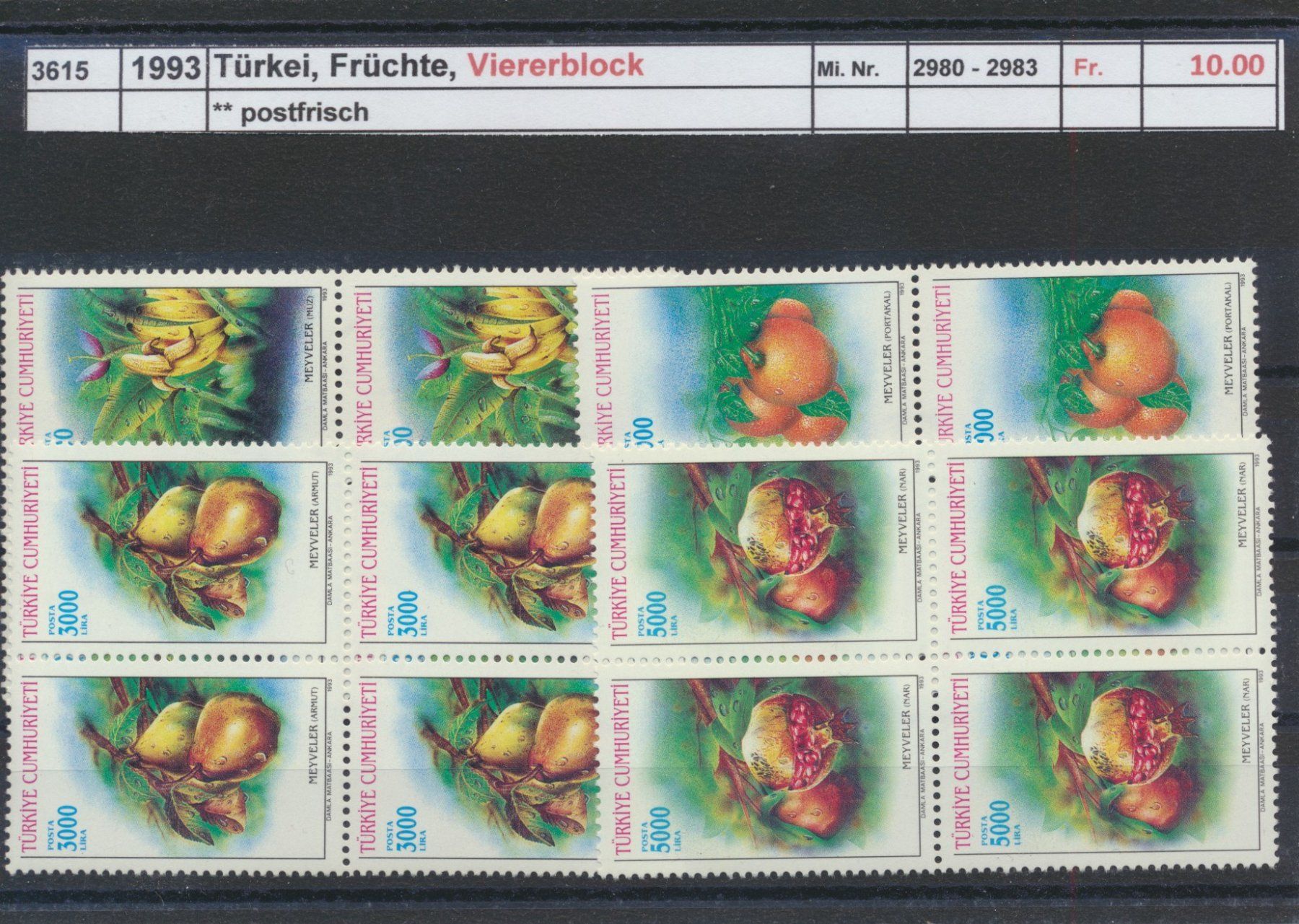 Tutti i francobolli: 1993 Türkei. "Früchte" - Viererblock, ** postfrisch – Nuovo (secondo la descrizione) da Winterthur venduto da Zupogeru